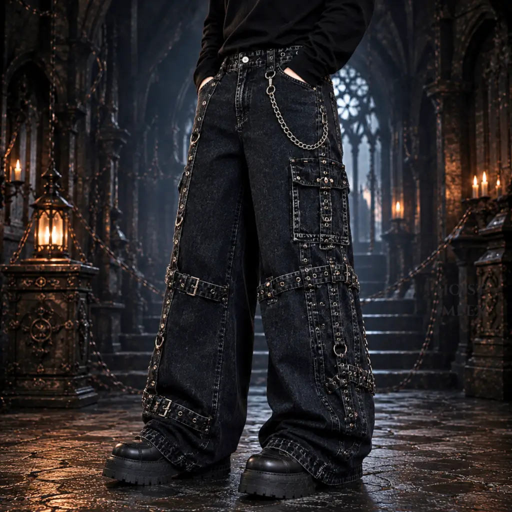 Gothic harness cargo denim pants in black with buckle straps and chain detail