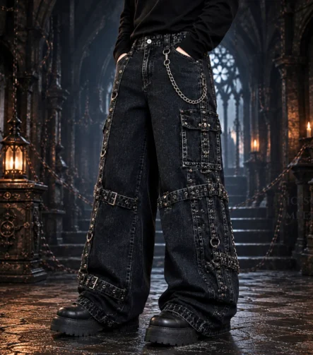 Gothic harness cargo denim pants in black with buckle straps and chain detail